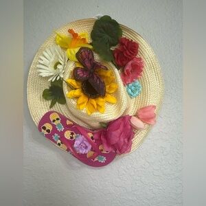 Floral Decorated Straw Hat and Flip Flop Set